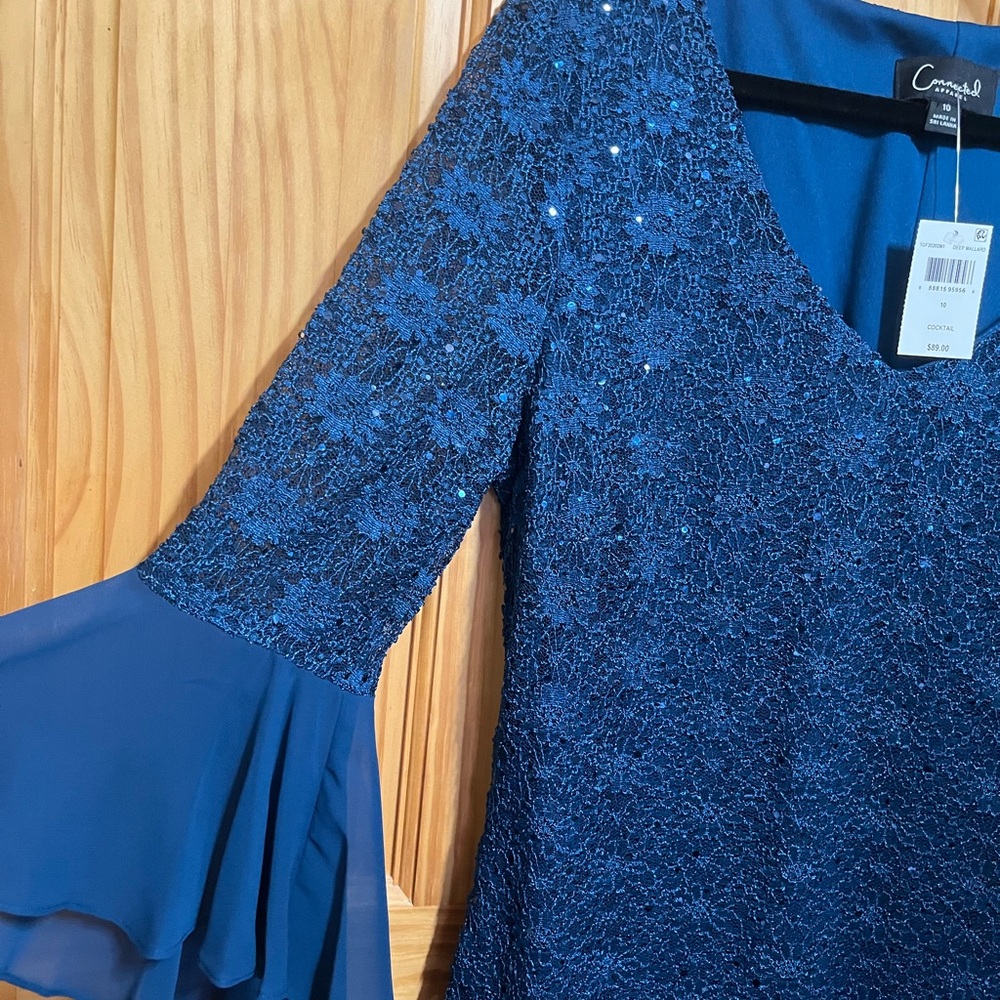 Connected , Elegant Blue Lace Dress with Flared Sleeves